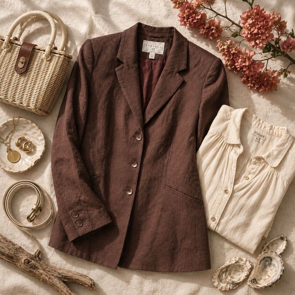 Vintage Express Chocolate Brown Linen Blend Comfort Cooling Blazer Size 5/6